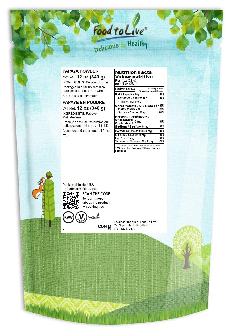 Food to Live Papaya Powder, 12 Ounces - From Raw Dried Fruit, Unsulfured, Vegan, Bulk, Great for Baking, Juices, Smoothies, Yogurts, and Instant