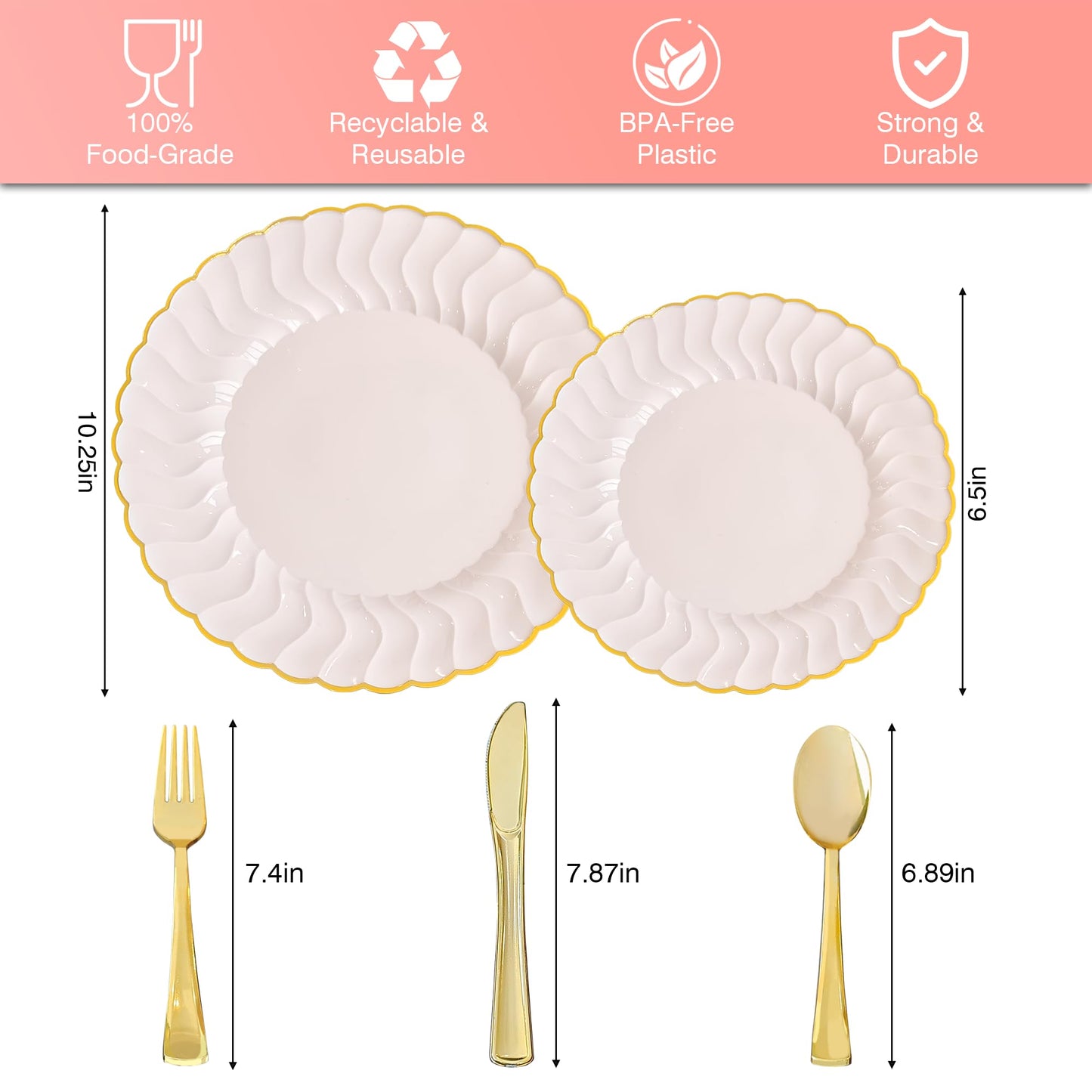Pink Disposable Plates Plastic Set Of 125? Includes 25 Dinner and Dessert Plates, 75 Gold Cutlery for 25 Guests for Wedding Birthday Parties Baby