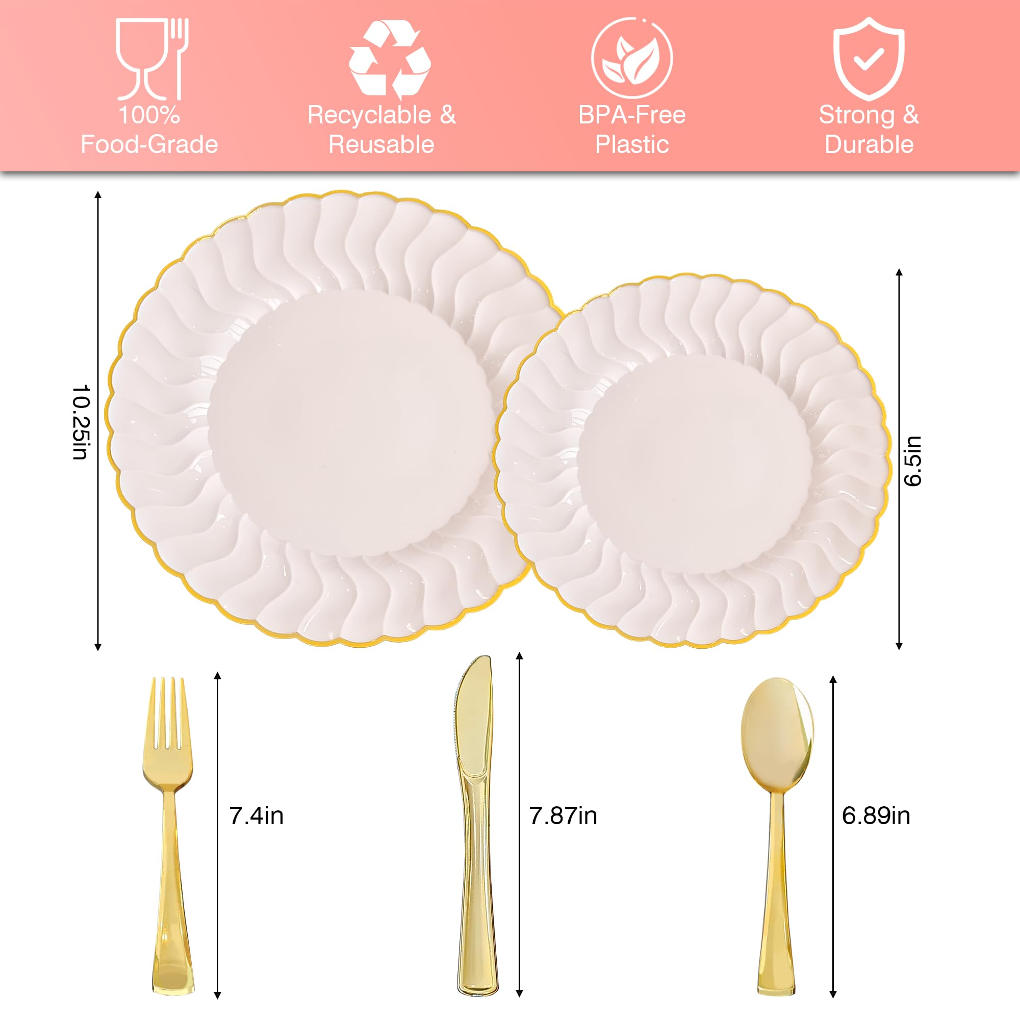 Pink Disposable Plates Plastic Set Of 125? Includes 25 Dinner and Dessert Plates, 75 Gold Cutlery for 25 Guests for Wedding Birthday Parties Baby