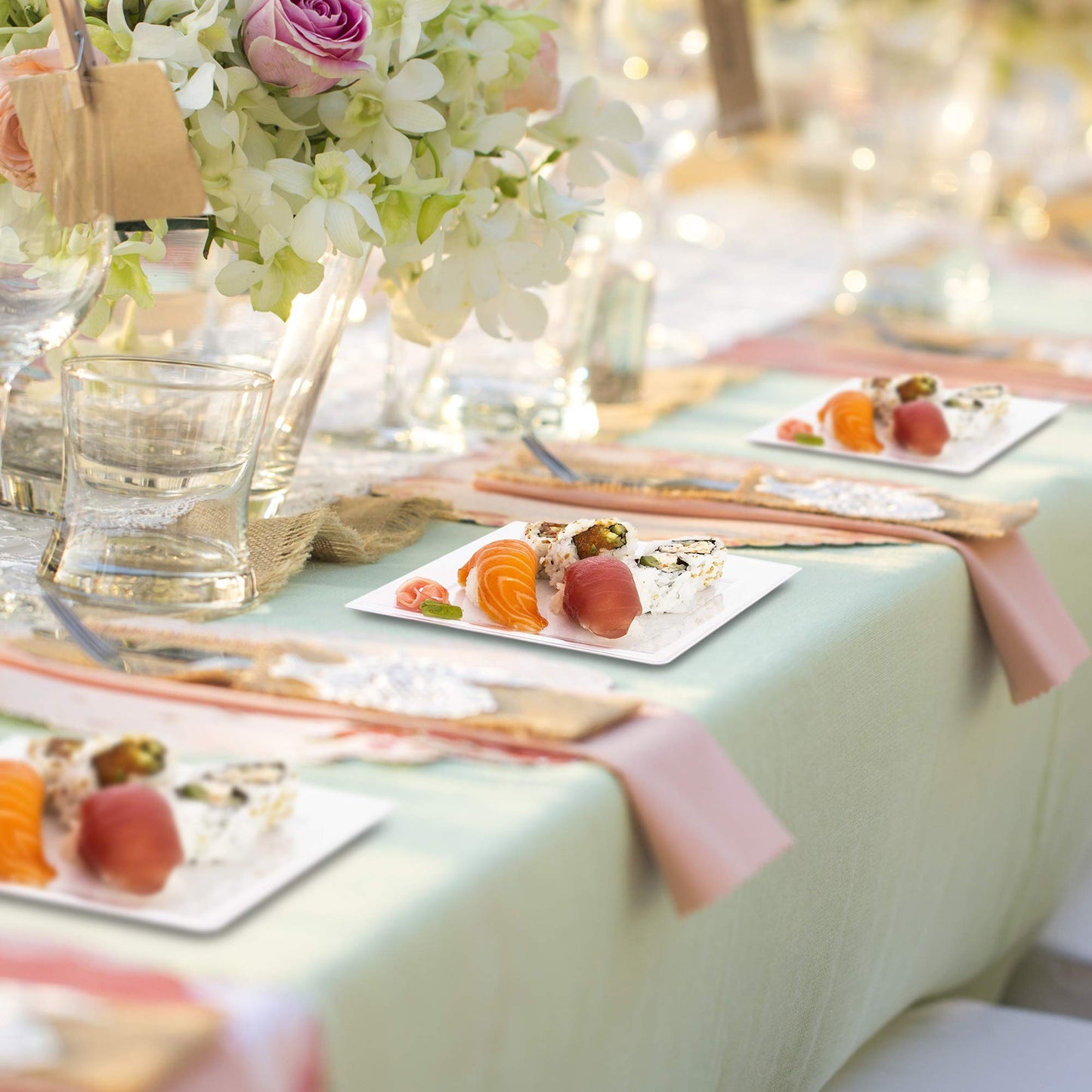 Oasis Creations Clear Square Plates Set 9" - 50 Count - Premium Hard Clear Plastic - Disposable and Reusable - Dinner - Salad - Party Plate Set