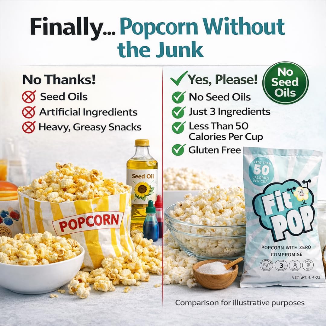 FitPop Coconut Oil Popcorn, No Seed Oils, Gluten Free, Non GMO, 4.4 Ounces (Pack Of 3)