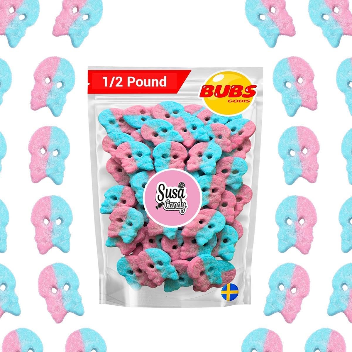 BUBS Sour Dizzy Skulls - Bubblegum Flavor, 1/2 Pound Soft Foam Godis - Premium Vagen Swedish Candy by Susa Candy