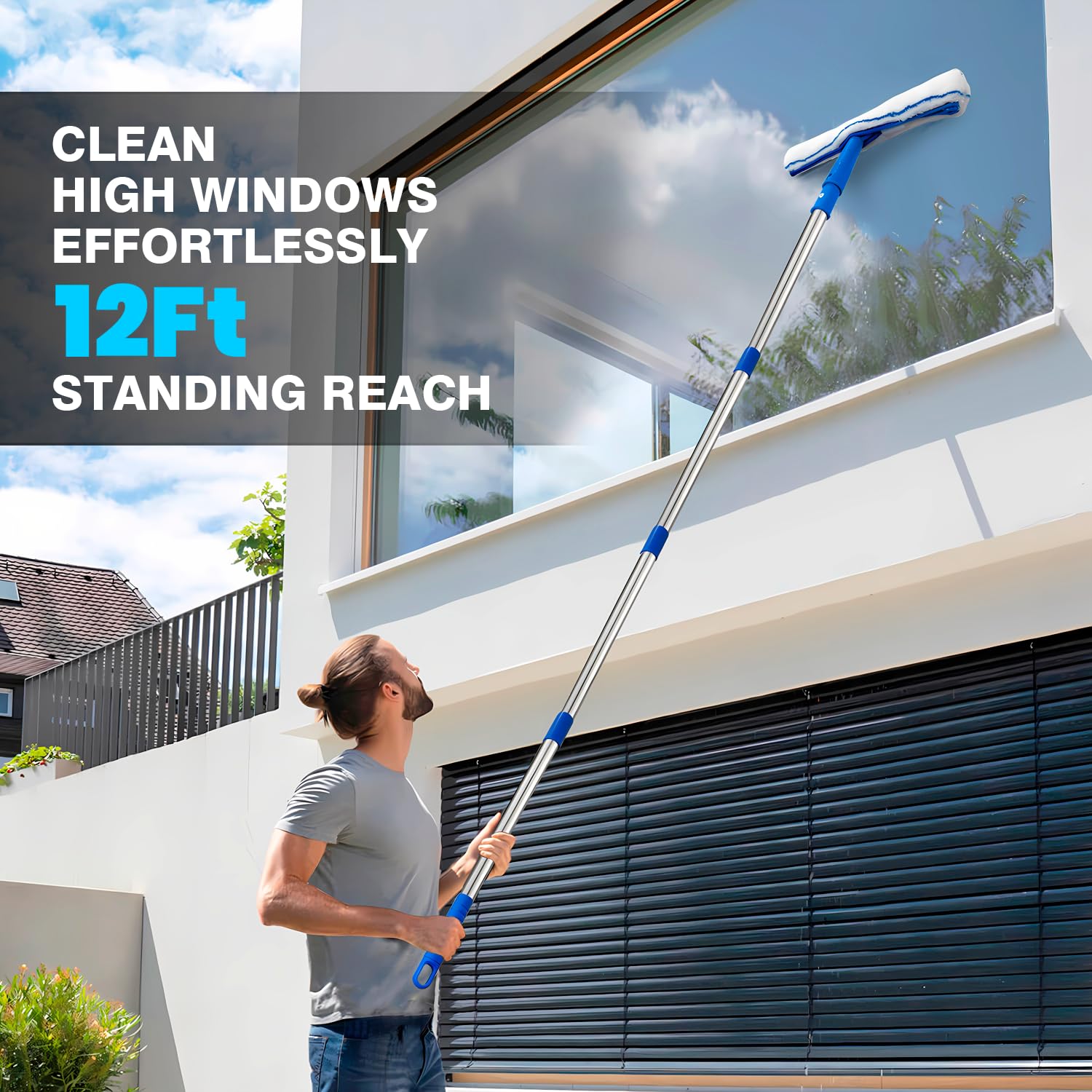 ARTIPOLY Squeegee for Window Cleaning, 14" Extra-Large Squeegee & Microfiber Scrubber Combi with 60" Stainless Steel Pole, Window Cleaning Kit