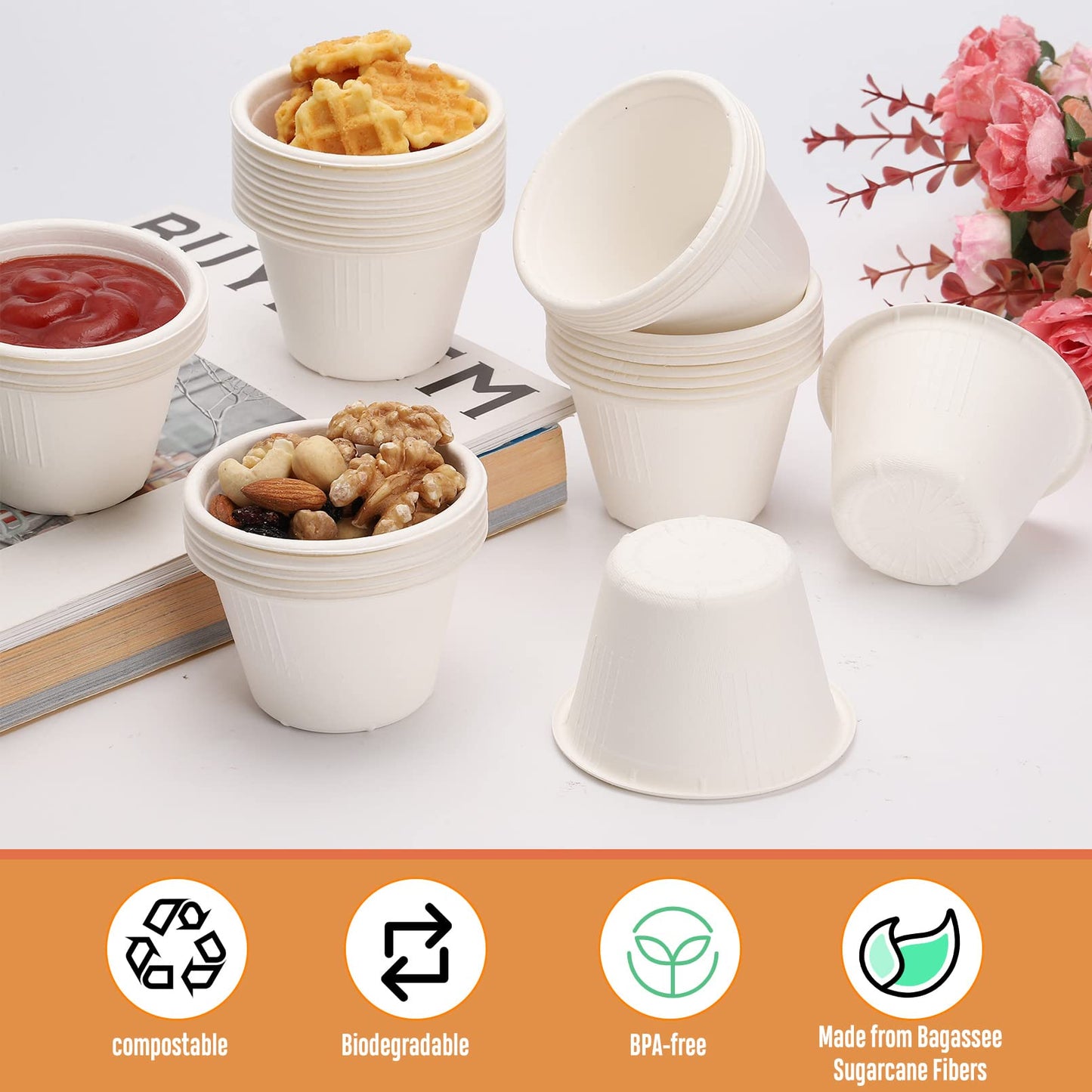 Visen 100 Pack Compostable Portion Cups, 4 oz Disposable Paper for Condiment, Food Sample, 100% Biodegradable Souffle, Jello Shot & Samples Honey Nuts