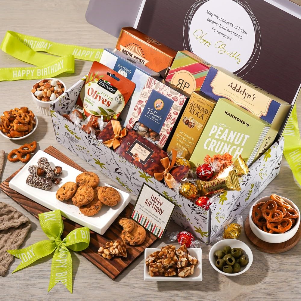 Broadway Basketeers Happy Birthday Gift Box - Deluxe Gourmet Delight - Curated Snack Box - Sweet and Savory Treats for Parties - Birthday Presents