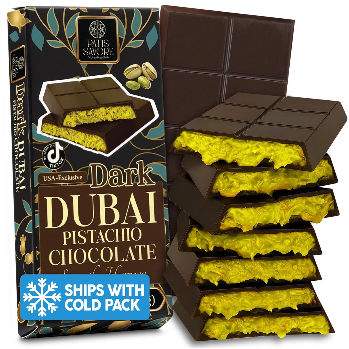 Dubai Chocolate Dark Bar 7 oz with Pistachio Filling & Crispy Kataifi
