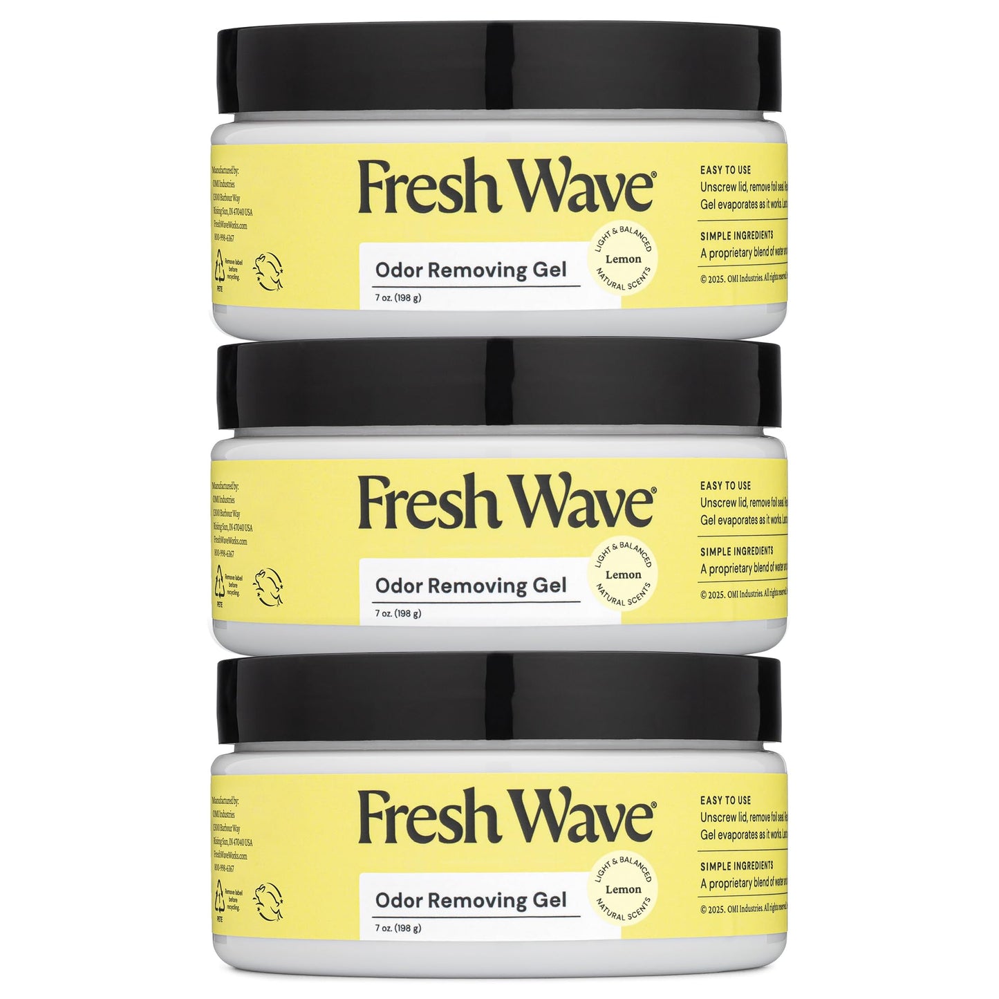 Fresh Wave Lemon Odor Removing Gel, 7 oz., Pack of 3 - Safer Odor Absorbers for Home, Natural Plant-Based Odor Eliminator, Every 7 oz. lasts 15-30