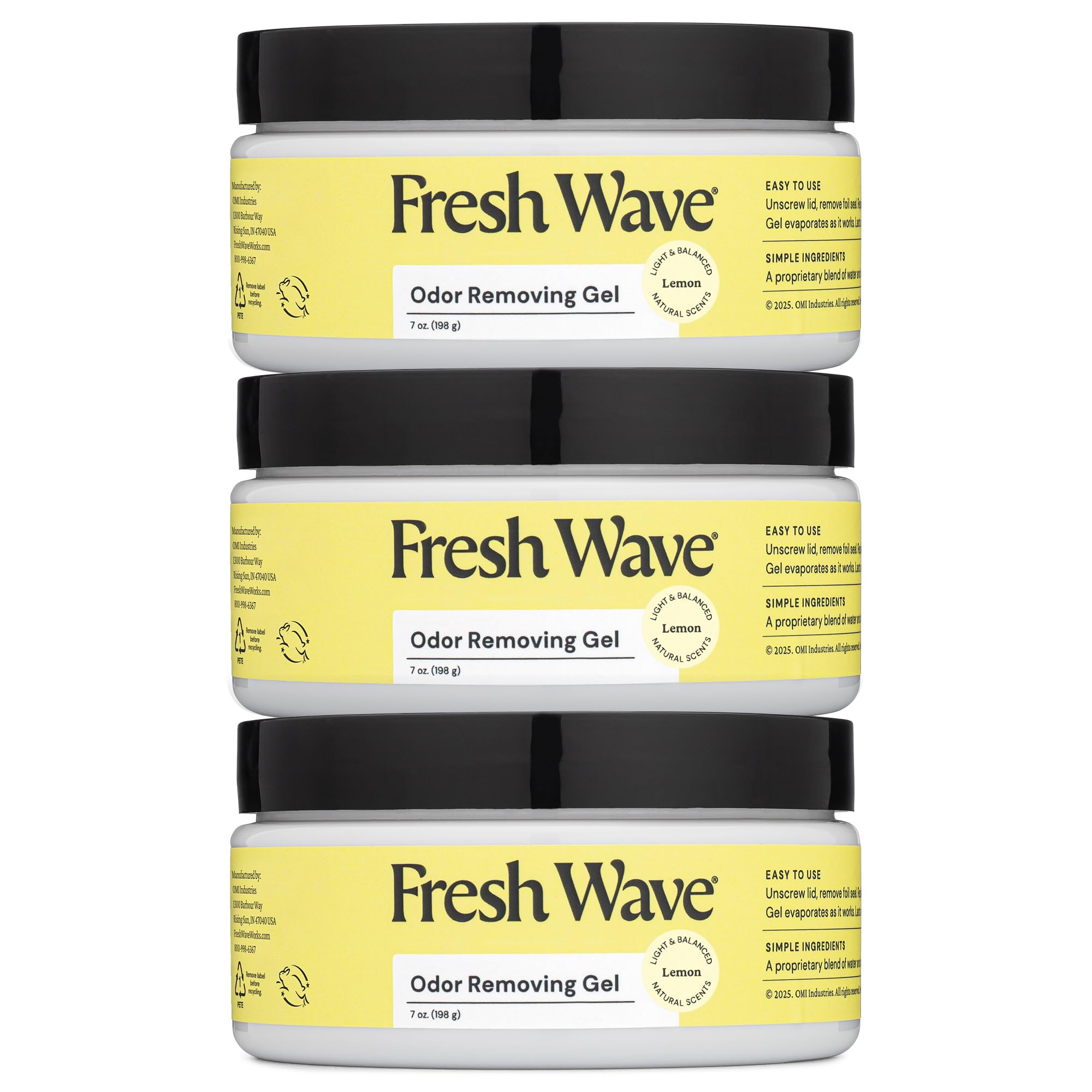 Fresh Wave Lemon Odor Removing Gel, 7 oz., Pack of 3 - Safer Odor Absorbers for Home, Natural Plant-Based Odor Eliminator, Every 7 oz. lasts 15-30