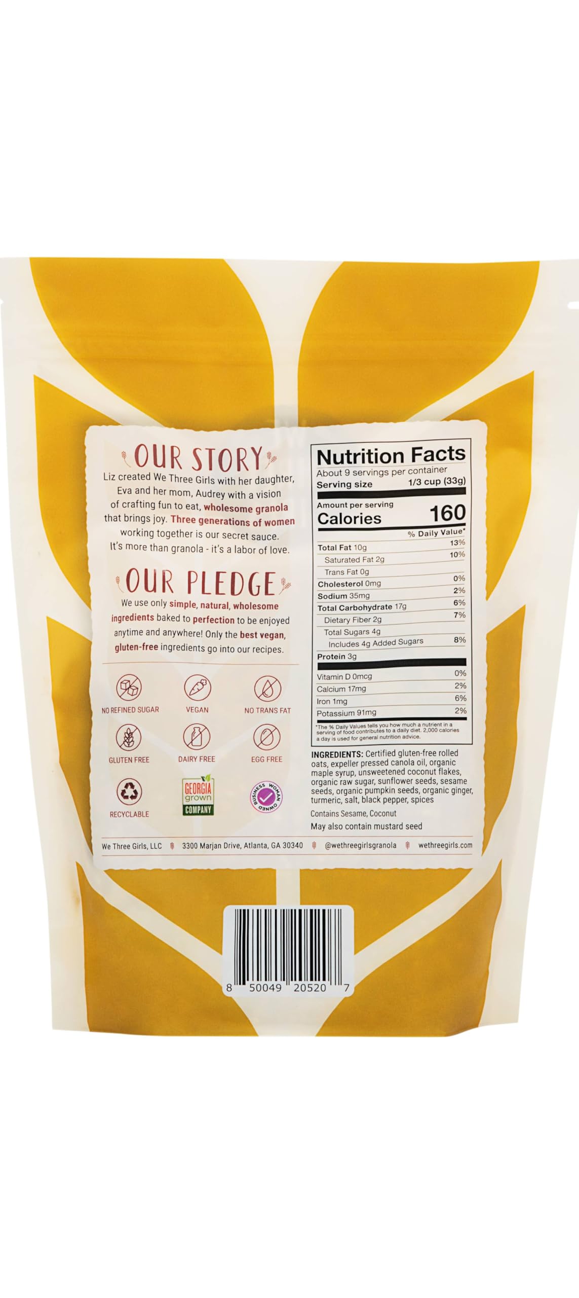 We Three Girls Granola - Ginger & Turmeric (10 Ounce) | Small Batch Vegan Granola | Gluten Free Snack | Made in USA |