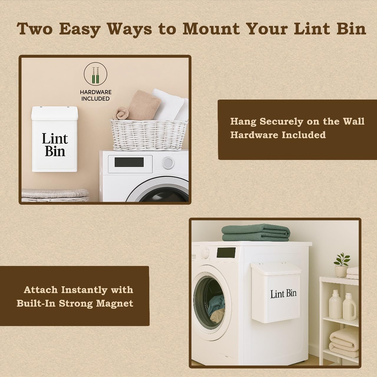 MTTRADERS Magnetic Lint Bin for Laundry Room Organization & Storage, Wall-Mounted Dryer Lint Bin Trash Can with Lid, Lint Box Includes Brush, 2 White