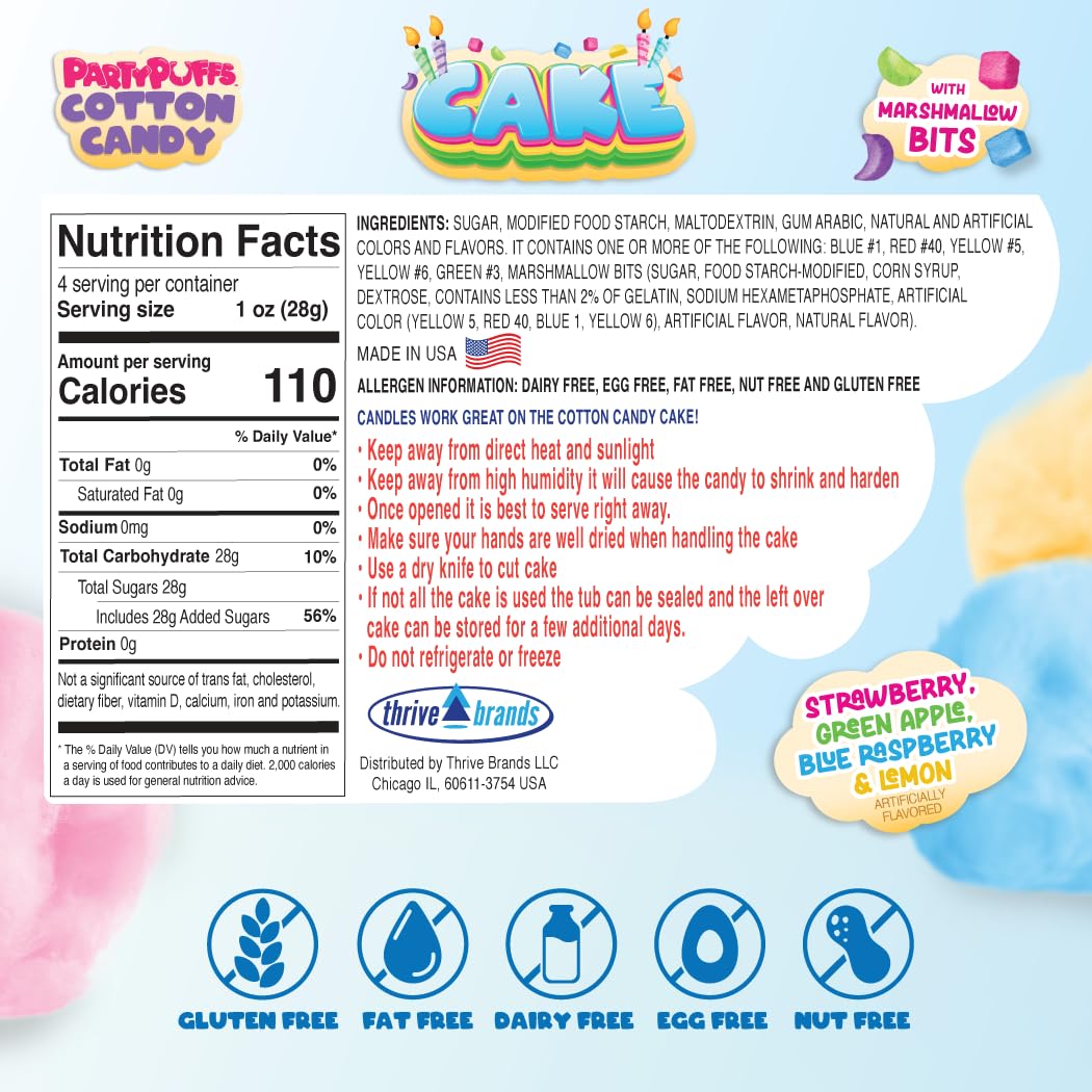 PartyPuffs 4oz Sliceable Cotton Candy Cake Tub - Strawberry Apple Blue Raspberry Lemon - Ready-to-Serve Gluten-Free Candy Dessert for Kids & Parties