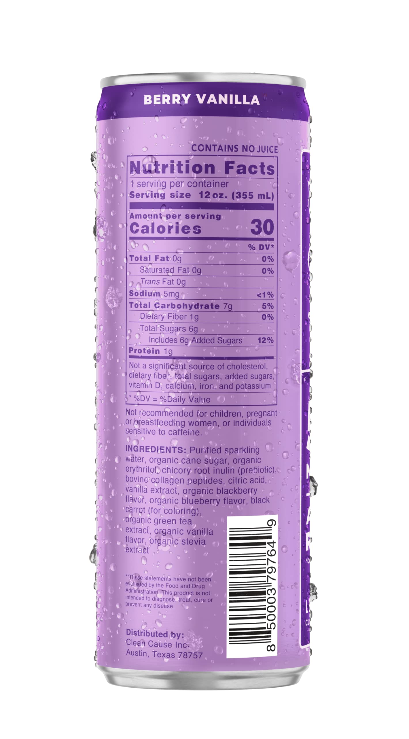 CLEAN Cause Berry Vanilla Sparkling Pick-Me-Up with Prebiotics & Collagen Peptides (12oz cans, 12-Pack Case) Low Sugar, 120mg Caffeine, Healthy