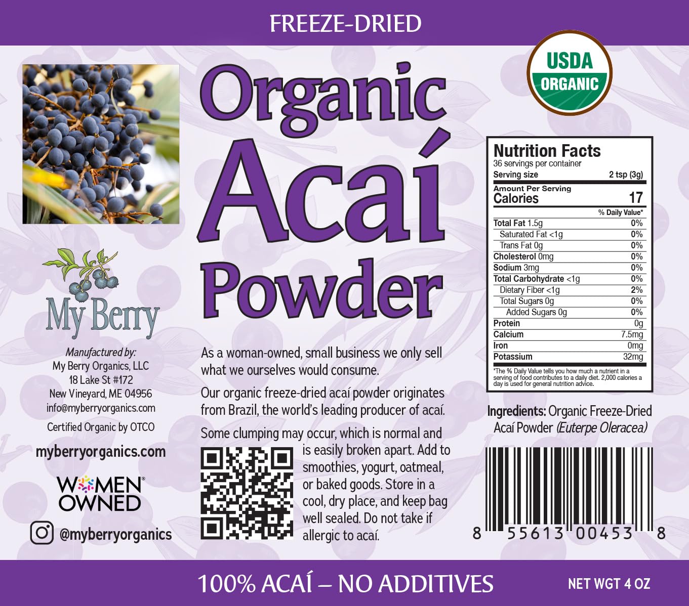My Berry Organic Acai Berry Powder Freeze-Dried | 4oz | 100% Acai- No Additives