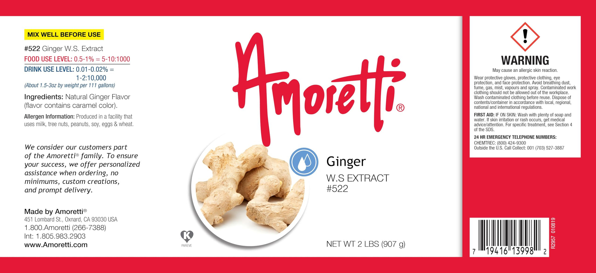 Amoretti - Ginger Extract Water Soluble 2 oz - Highly Concentrated & Perfect For Pastry, Savory, Brewing, and more, Preservative Free, Vegan, Kosher