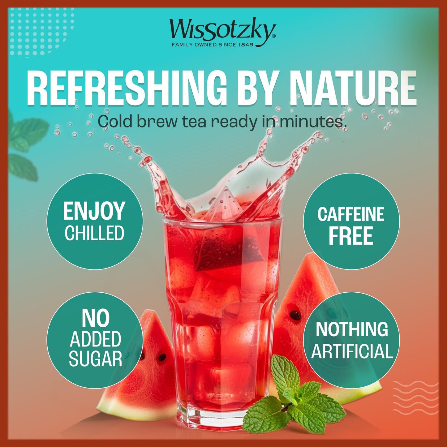 Wissotzky Watermelon Nana Mint Cold Breeze, Cold Brew Iced Tea (5 Pack - 90 Tea Bags) | Caffeine-Free | Herbal Tea | Kosher | Cold Water Brewing