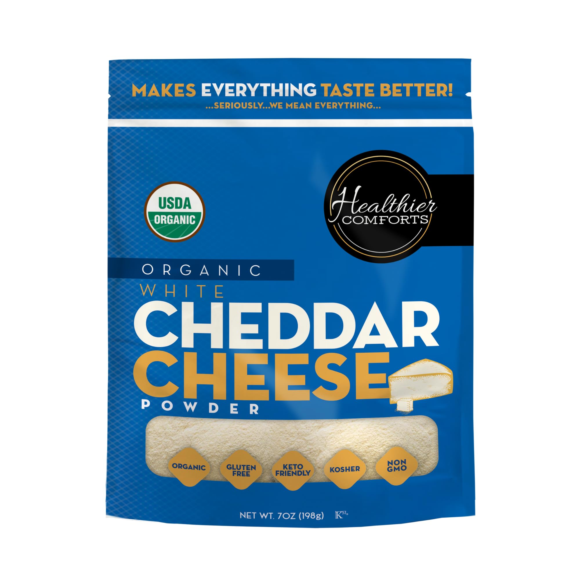 Healthier Comforts Organic White Cheddar Cheese Powder (0.44lb) | Gluten Free, Kosher, Keto-Friendly, Non-GMO, Antibiotic & Hormone Free | Perfect