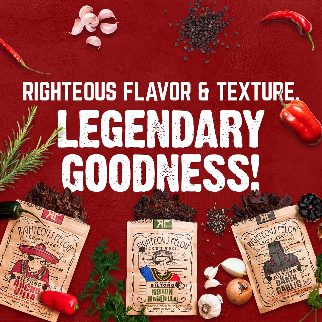 Righteous Felon Biltong Beef Jerky Variety Pack | South African Biltong Snack Packs for Adults | High Protein, Keto-Friendly, Low Sugar | Made