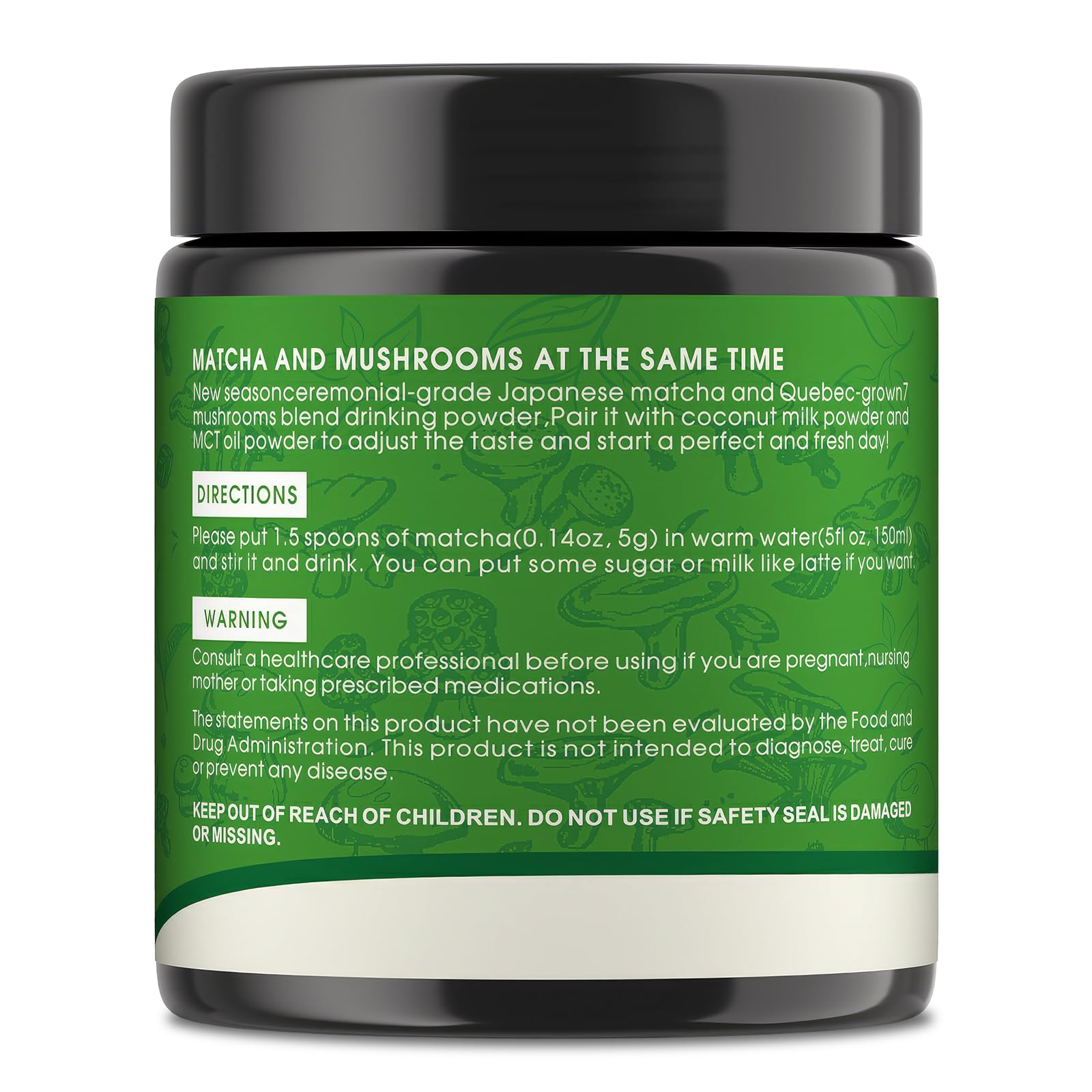 Mushroom Matcha Powder, Japanese Ceremonial Matcha Infused With 7 Superfood Mushrooms, MCT Oil, Coconut Milk Powder, Natural, Gluten Free, Taste Great