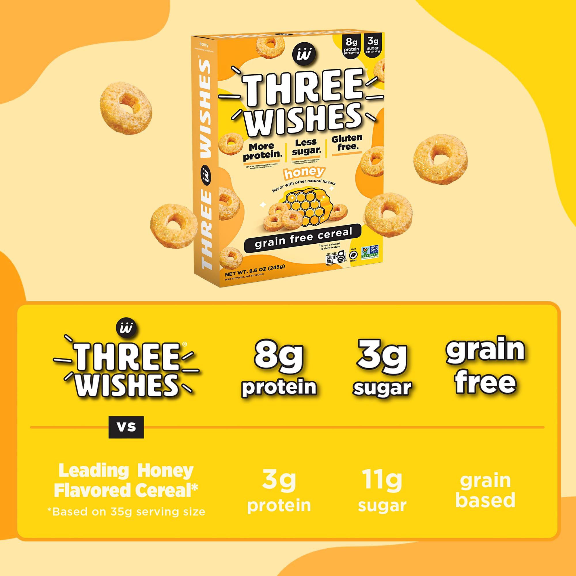 Three Wishes Grain-Free Protein Breakfast Cereal - 8g Protein and 3g Fiber - Healthy, Low-Sugar Breakfast Cereal, Gluten Free, Vegan-Friendly