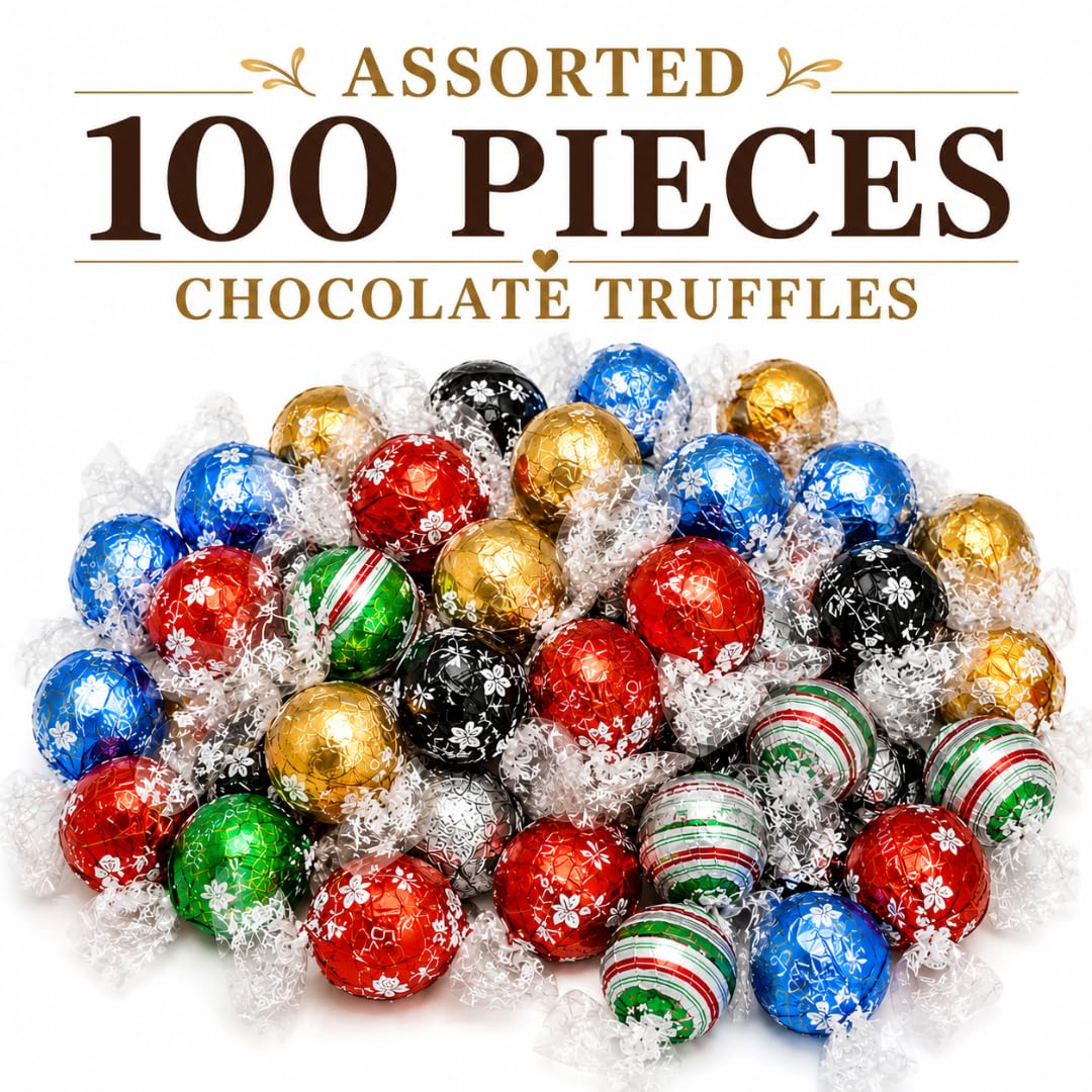 100 Count Assorted Chocolate Truffles, 5-8 Flavors (Flavors May Vary) - Milk & Dark Chocolate Candy, Gourmet Fine Chocolate Box, Basket Filler, Gift