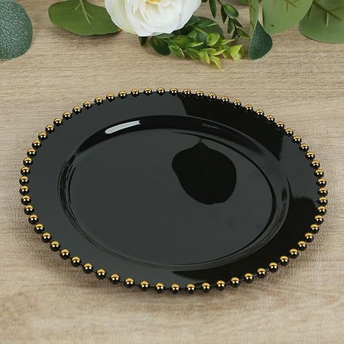 TCF Linen 10" Dinner Plates - Set of 20 - Plastic Black Gold Round Disposable Plate Beaded Rim, Ideal for Decoration Party Wedding Bulk Events