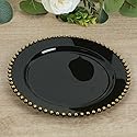 TCF Linen 10" Dinner Plates - Set of 20 - Plastic Black Gold Round Disposable Plate Beaded Rim, Ideal for Decoration Party Wedding Bulk Events