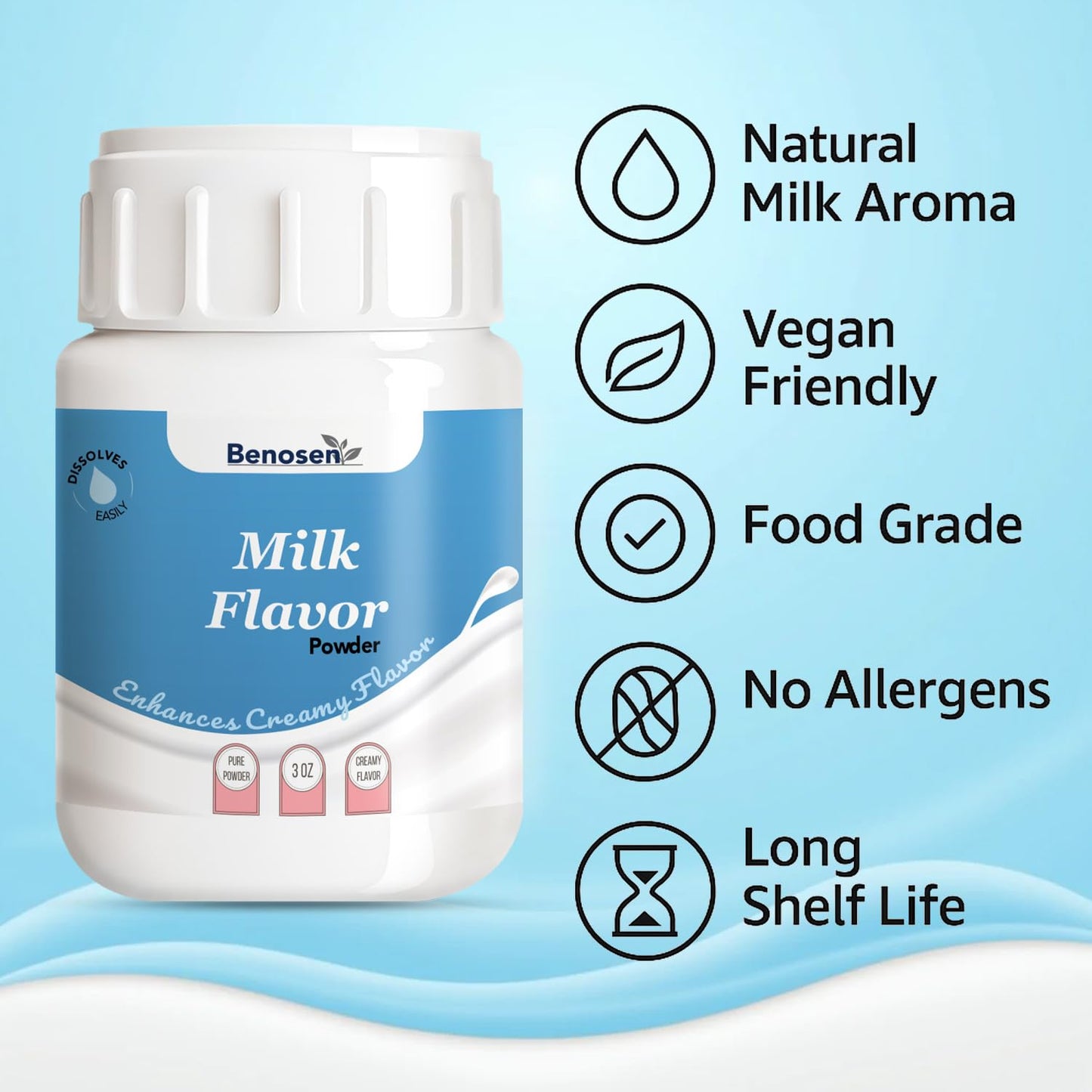 Benosen Milk Flavor Powder, Vegan Non-Dairy Dairy-Like Flavoring for Baking Coffee Milk Tea & Desserts, Food-Grade, Allergen-Free, Long Shelf Life, 3
