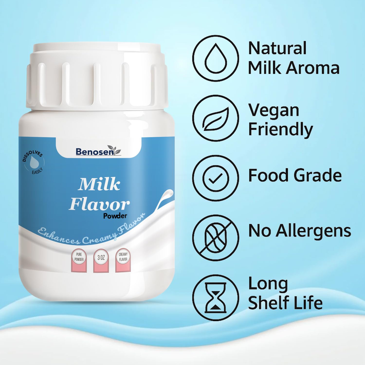 Benosen Milk Flavor Powder, Vegan Non-Dairy Dairy-Like Flavoring for Baking Coffee Milk Tea & Desserts, Food-Grade, Allergen-Free, Long Shelf Life, 3