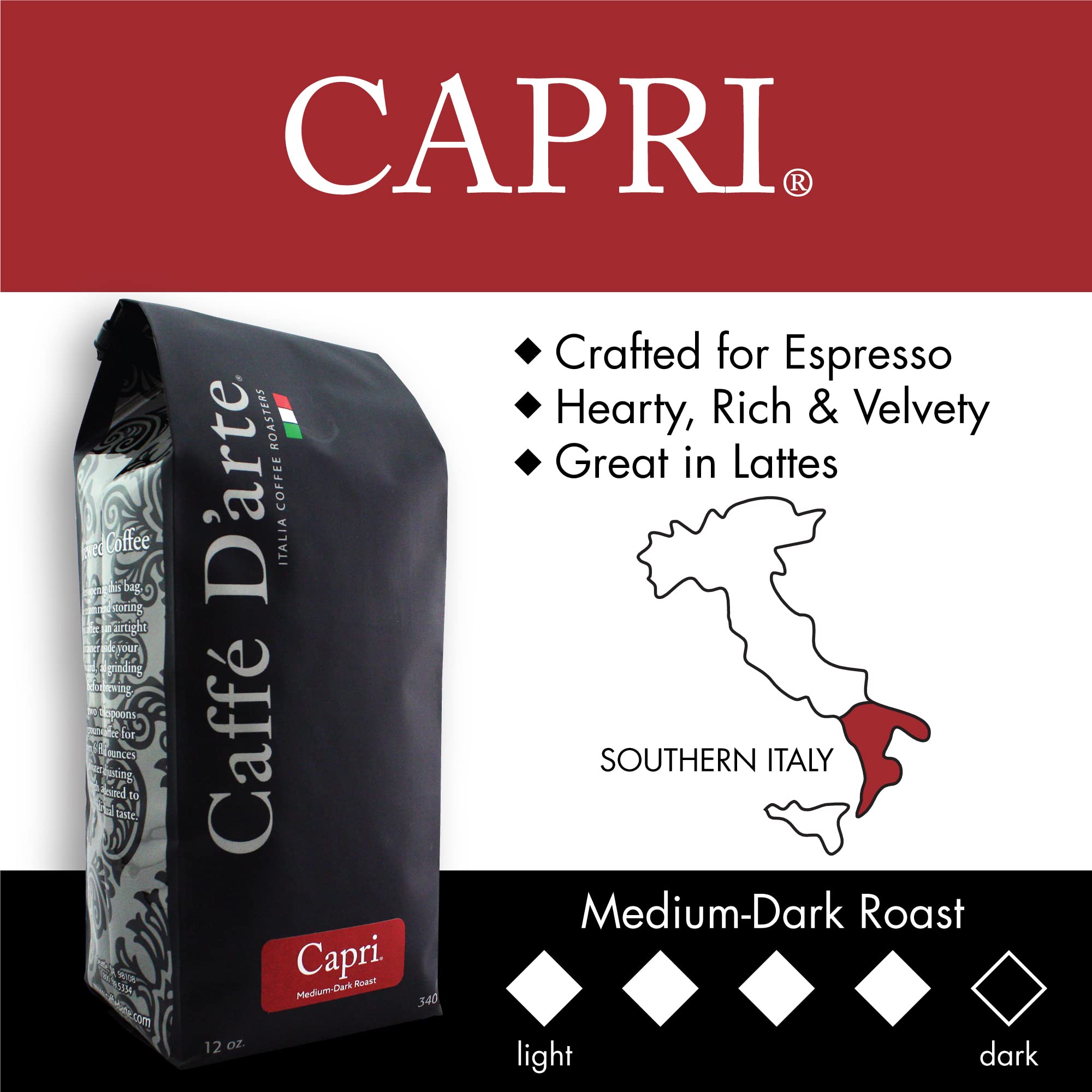 Caffe D’arte Capri Whole Bean Espresso Coffee - Medium Roast with Smooth, Balanced Flavor and Rich Crema - Roasted in Seattle, Ideal for Espresso