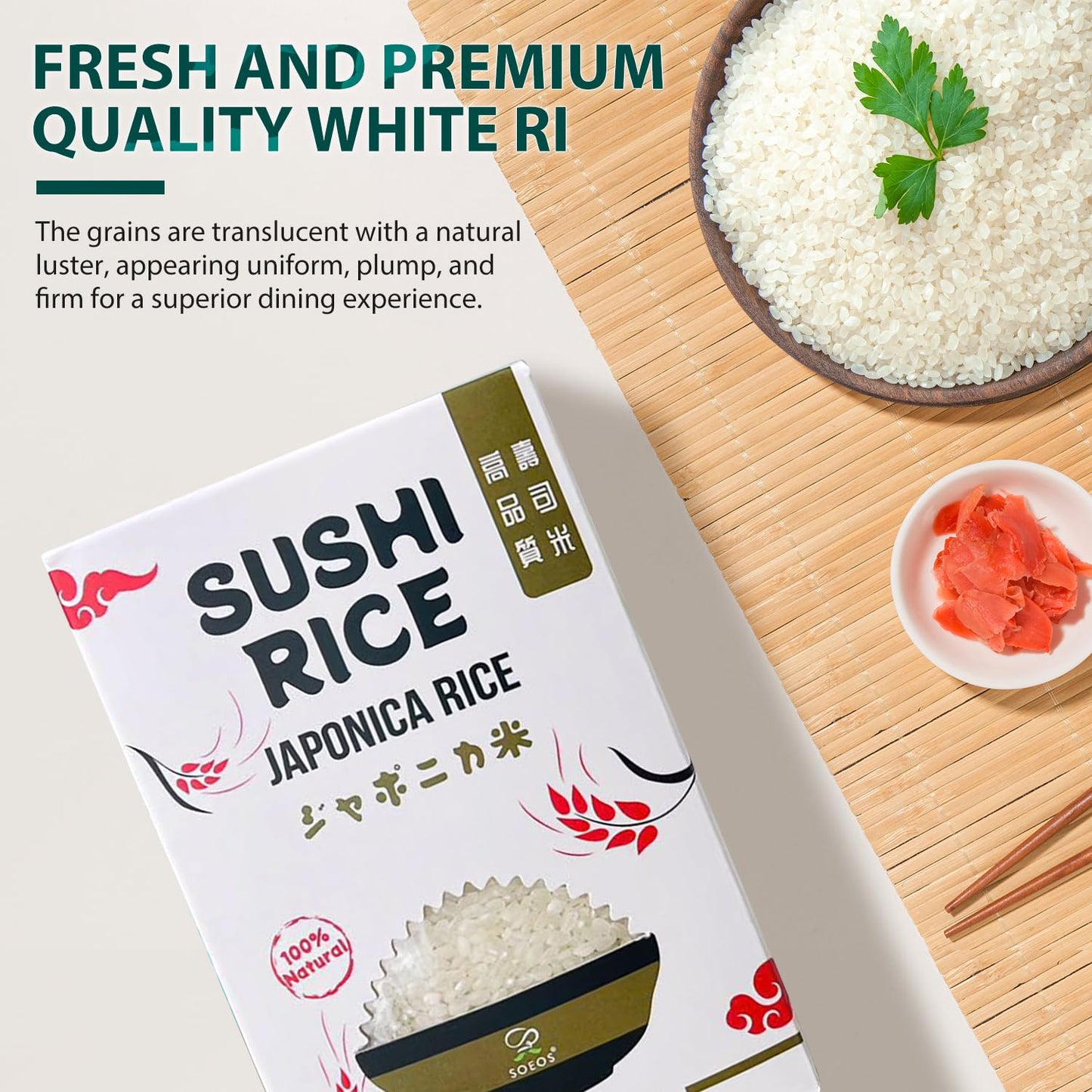 Soeos Japonica Sushi Rice 2 Pound (Pack of 3), Short Grain Rice, Gluten-Free, Non-GMO White Japanese-Style Sticky Rice, Perfect for Sushi Rolls, Rice Bowls, and Mochi