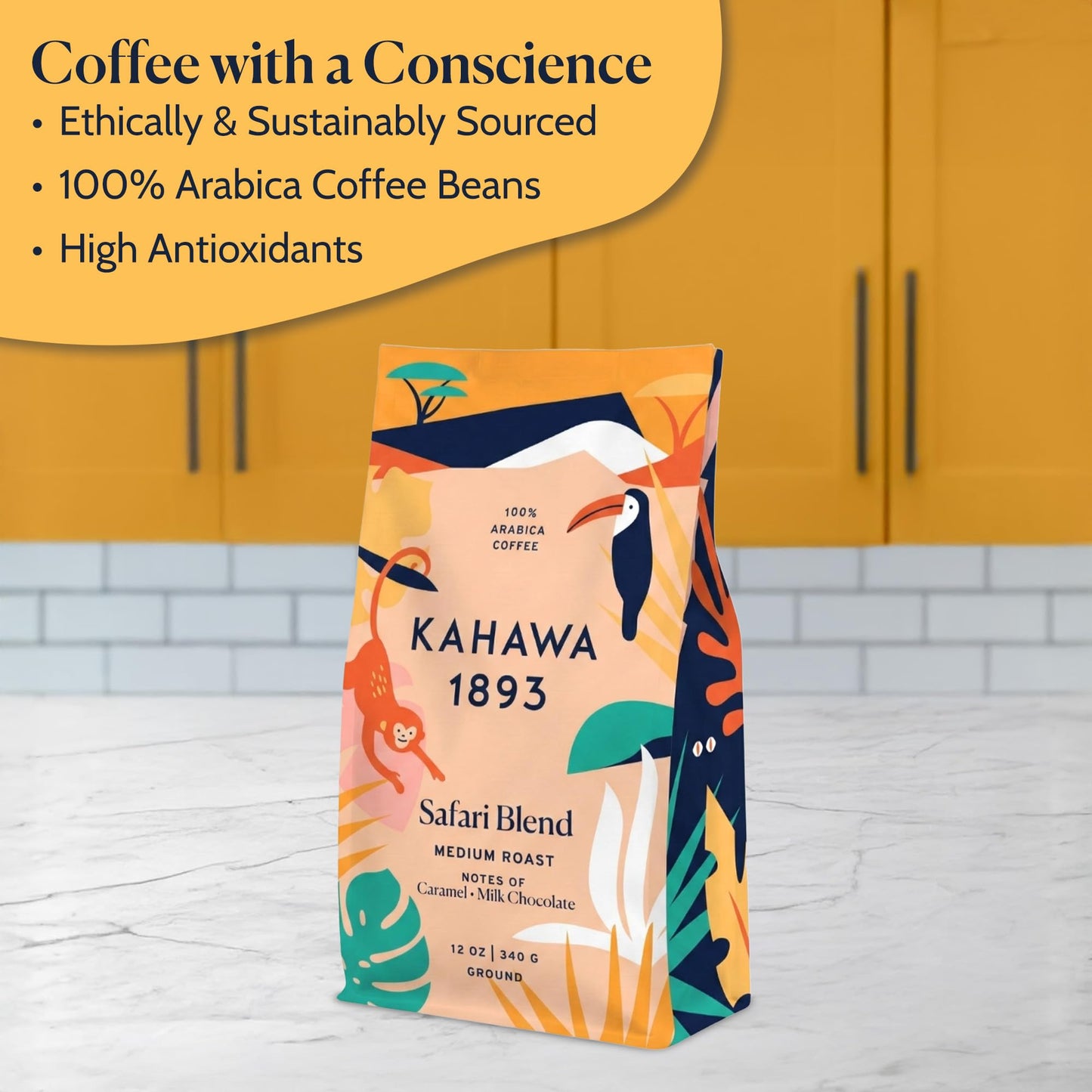 Kahawa 1893 Ground Coffee Medium Roast Safari Blend 12 Oz - As Seen on Shark Tank, High Antioxidants, Naturally Sweet, Organically Grown, Ethically