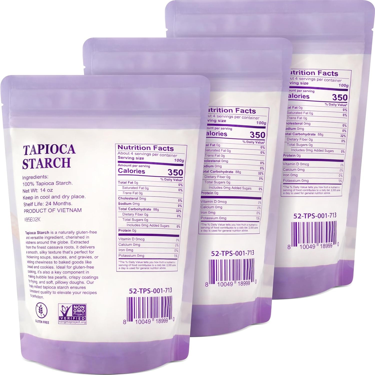 52USA Tapioca Starch, 3 Pack (42oz Total) | Tapioca Flour from Cassava Root | Gluten Free Flour Substitute | Vegan, Kosher, Non-GMO | Thickener
