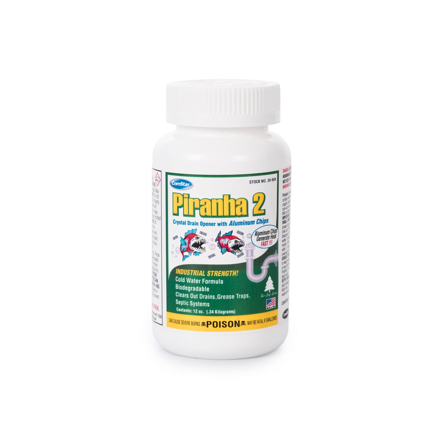 ComStar Piranha II,1 Pound, Industrial Drain Opener, Powerful Formula with Aluminum Chips for Extra Heat, Instantly Dissolves Grease & Hair, Safe
