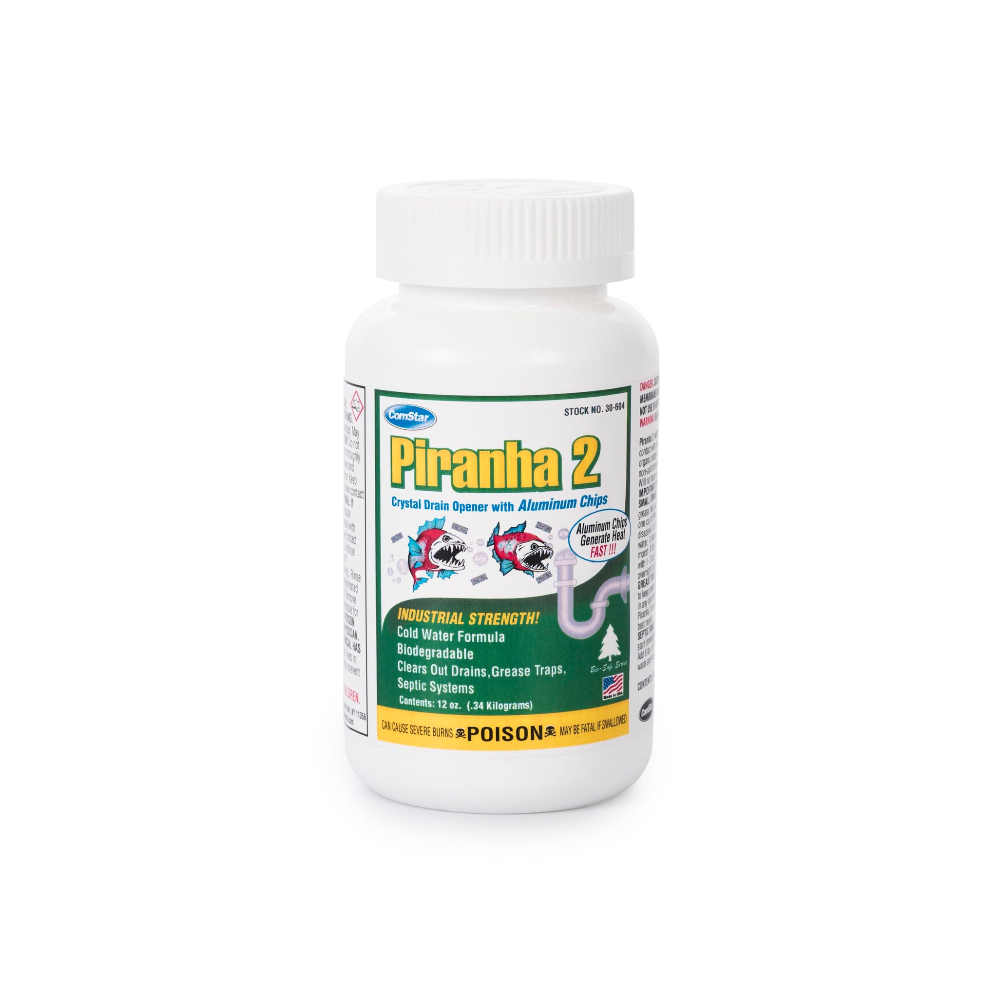 ComStar Piranha II,1 Pound, Industrial Drain Opener, Powerful Formula with Aluminum Chips for Extra Heat, Instantly Dissolves Grease & Hair, Safe
