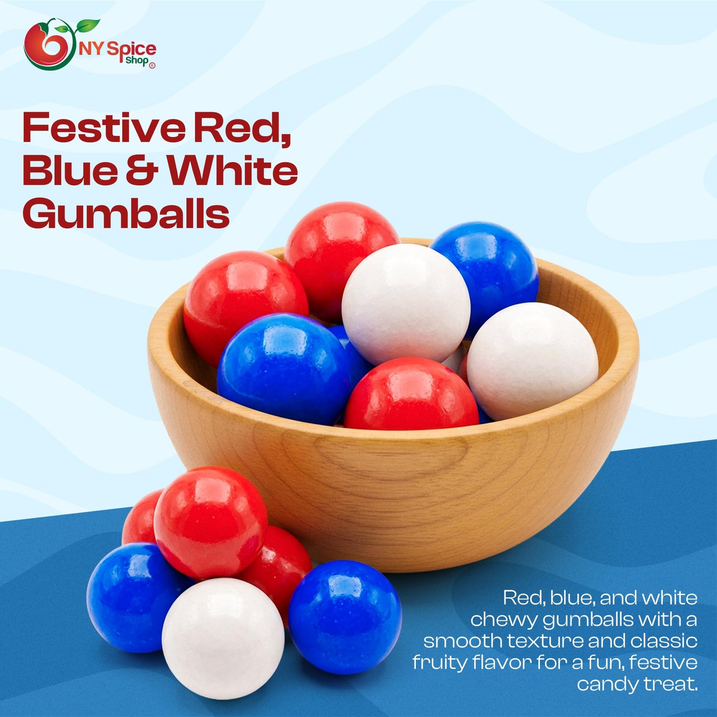 NY Spice Shop Red, White & Blue Gumballs - 1 Inch Large Gumballs For Gumball Machine - Gumball Vending Machine Refills Candy - 50 Pcs Double Bubble