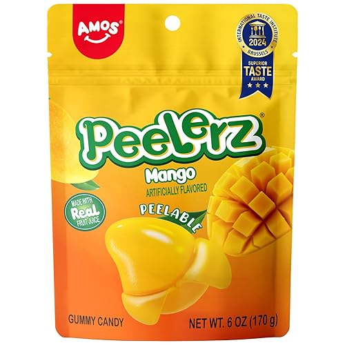 AMOS Peelerz Peelable Mango Gummy Candy,Soft Chewy Gummy Snack Made with Real Fruit Juice, Pack of 1