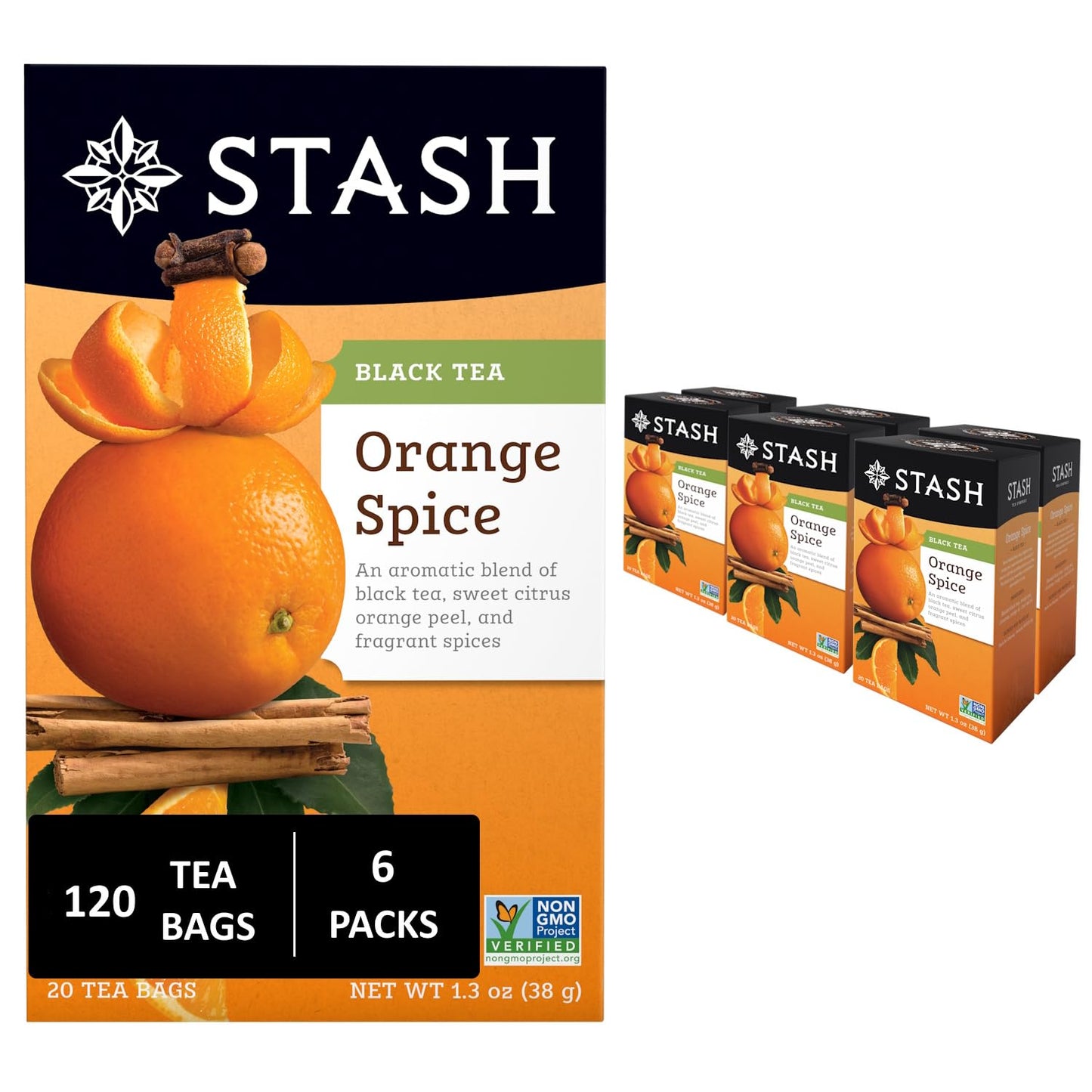 Stash Tea Orange Spice Black Tea - Caffeinated, Non-GMO Project Verified Premium Tea with No Artificial Ingredients, 20 Count (Pack of 6) - 120 Bags