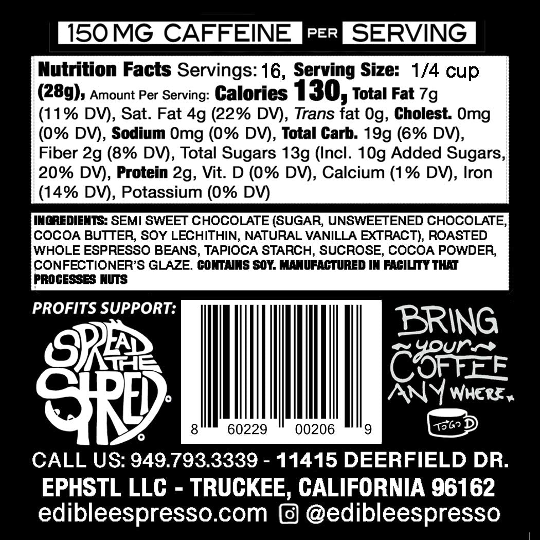 Edible Espresso - Dark Chocolate Covered Coffee Beans 150mg caffeine = one cup of coffee! Plant-based, Dairy-Free Natural Energy. (1 pound / 16