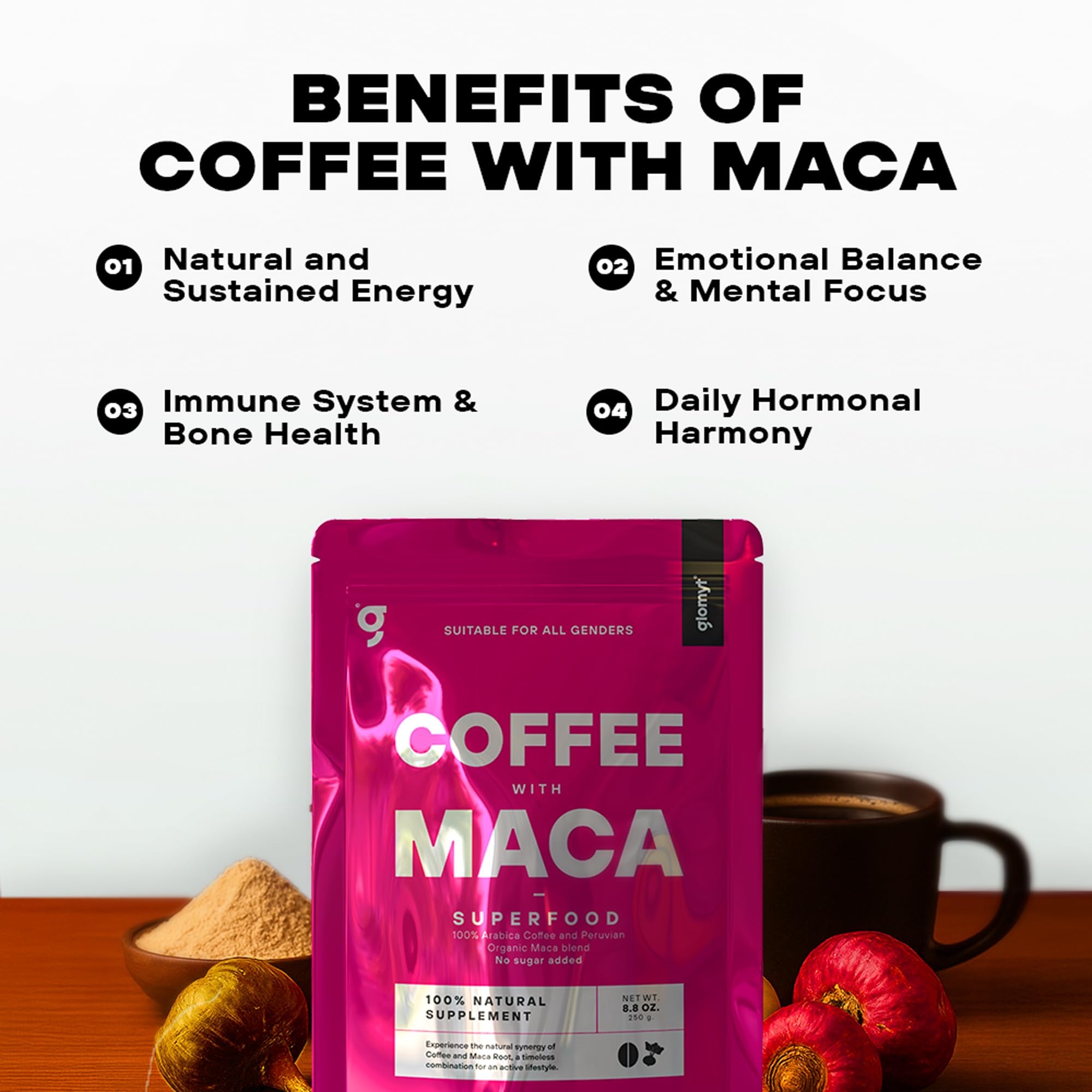 Ground Coffee with Peruvian Root Maca | Adaptogenic Energy Boost | Hormone Balance & Mood Support | Filtered Medium-Dark Roast | 250g - Glomyt Coffee