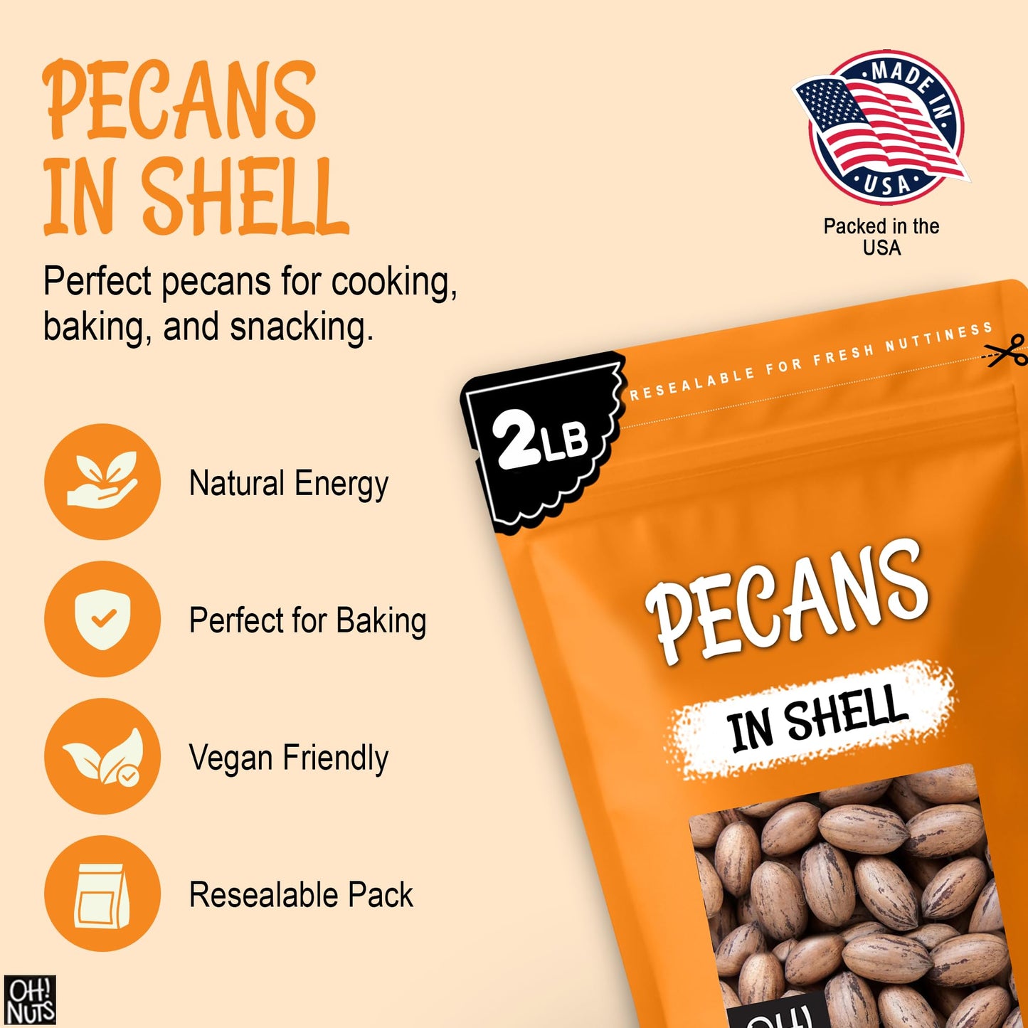 Oh! Nuts Pecans in Shell - Raw - 100% Natural - 2 lb - High-Protein Pecans - Packed in New York Zip-Seal Bag for Exceptional Freshness