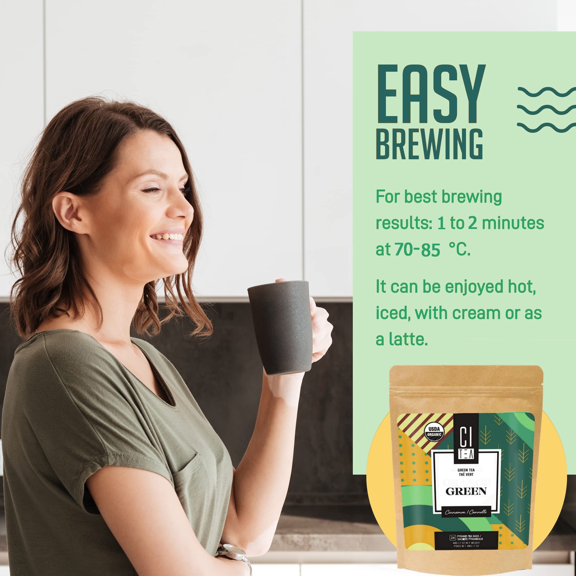 Green Tea with Cinnamon, Iced Tea/Hot Tea, Organic Green Tea in Pyramid Tea Bags - 24 Tea Bags x 2g - Citea