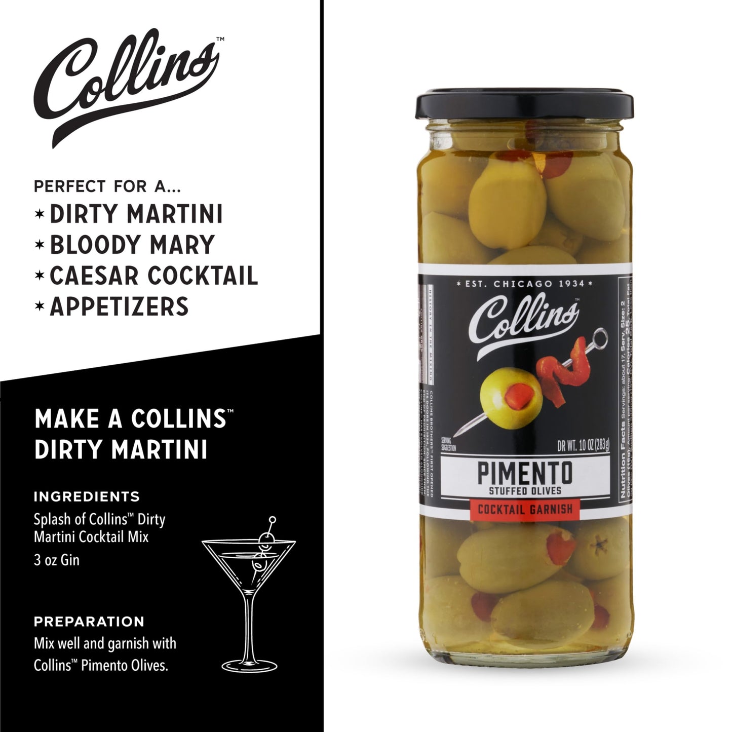 Collins Colossal Martini Pimento Olives | Premium Garnish for Cocktails, Martinis, and Salads, Snack Trays, Charcuterie, Cheese Plates, Condiment