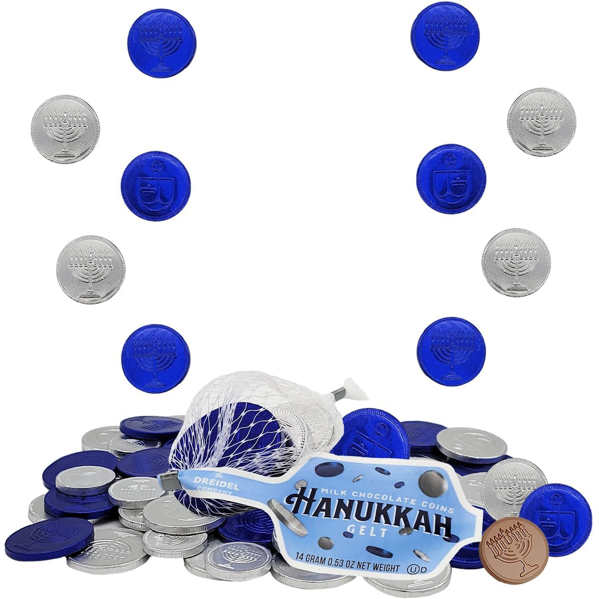 The Dreidel Company 300-Mesh Bags Original Hanukkah Chocolate Gelt Blue & Silver Coins in Mesh Bags, Made with Premium Belgian Milk Chocolate, Gluten