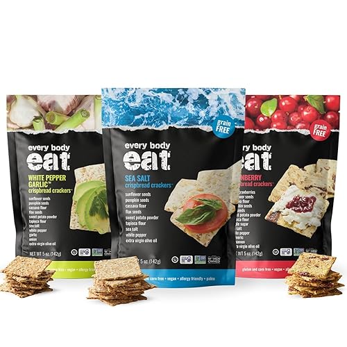 Every Body Eat Crispbread Crackers, Variety Pack - Gluten Free, Grain Free, Vegan, Dairy Free, and Seed Oil Free (5 Ounce Pack of 3)
