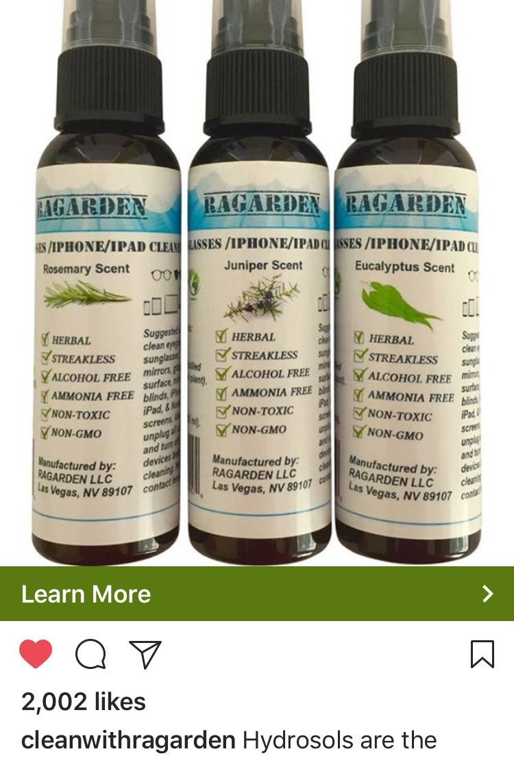 RAGARDEN Eyeglasses/iPhone/iPad Cleaner. Eucalyptus Floral Water. Bulk Quantity (3) of 2 oz Spray Bottles.