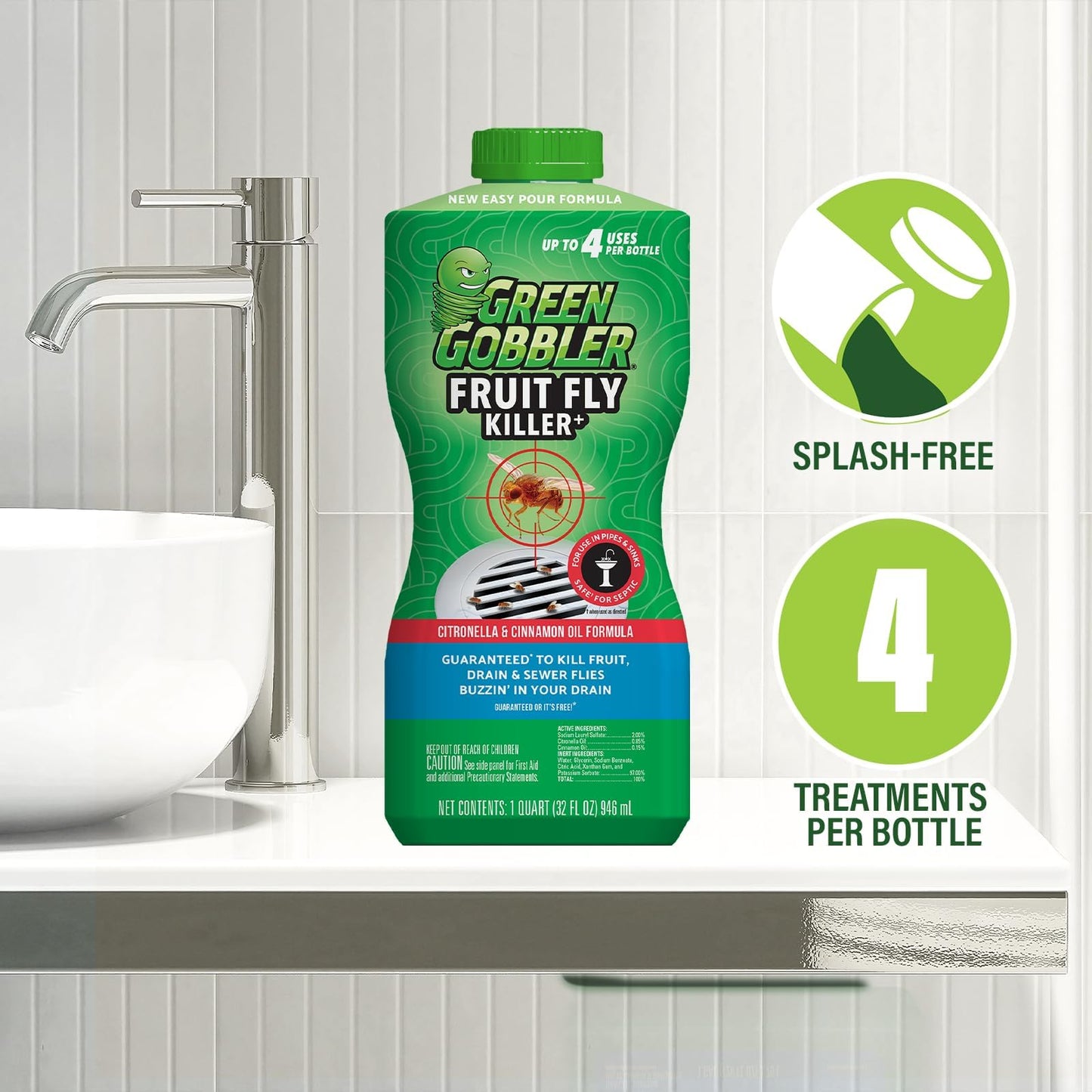 Green Gobbler Fruit Fly Killer+ - Kills Fruit Flies, Drain Flies & Sewer Flies, Gel Treatment for Use in Sinks & Pipes - Safe for Septic Systems, 32oz