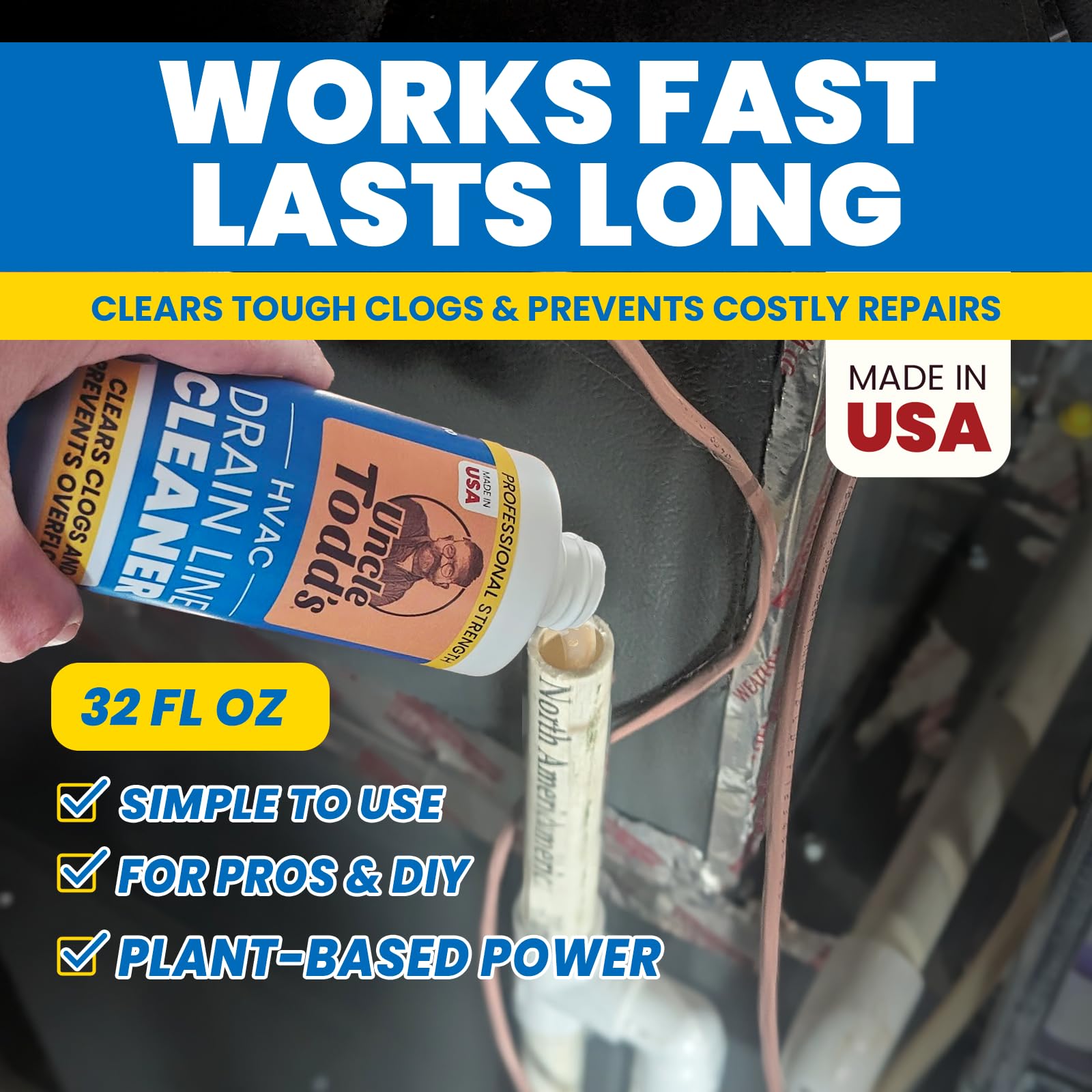 Uncle Todd's HVAC Drain Line Cleaner - 16 Months Supply Bleach-Free, Fast-Acting, Long-Lasting AC Drain Line Solution for Tough Clogs & Buildup
