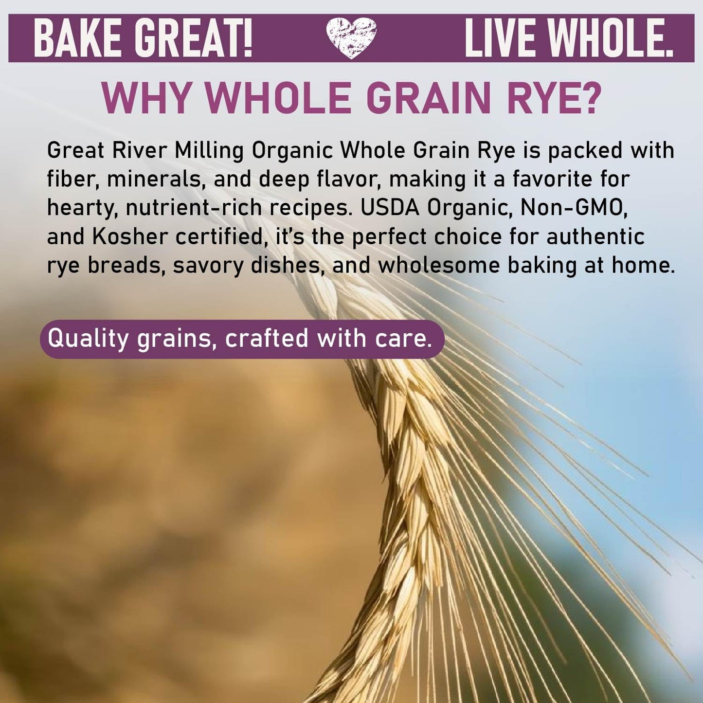 Great River Milling Organic Whole Grain Rye Berries | High-Fiber, Nutrient-Rich Ancient Grain | Non-GMO, Kosher | Ideal for Baking, Sourdough, Salads