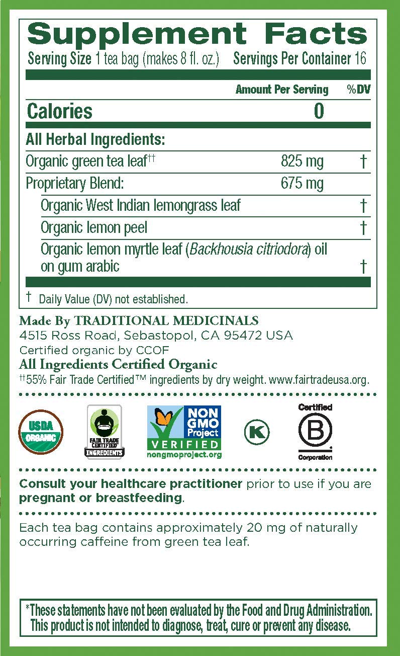 Traditional Medicinals Herbal Green Tea, Green Tea Lemongrass 16 ea (Pack of 3)