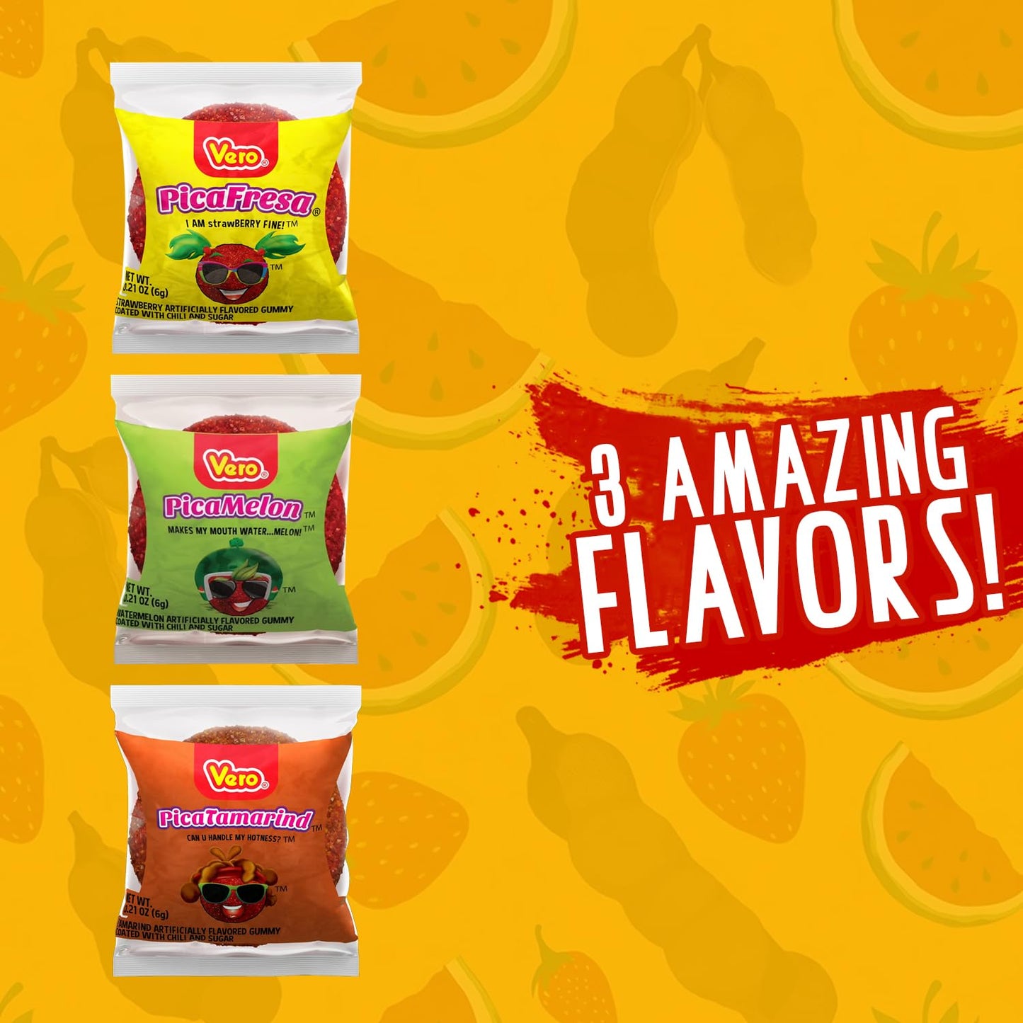 Vero Pica Goma Mexican Candy Variety Pack - 150 Count Assorted Mix - PicaFresa Strawberry, PicaTamarind Tamarind & PicaMelon Watermelon Flavors